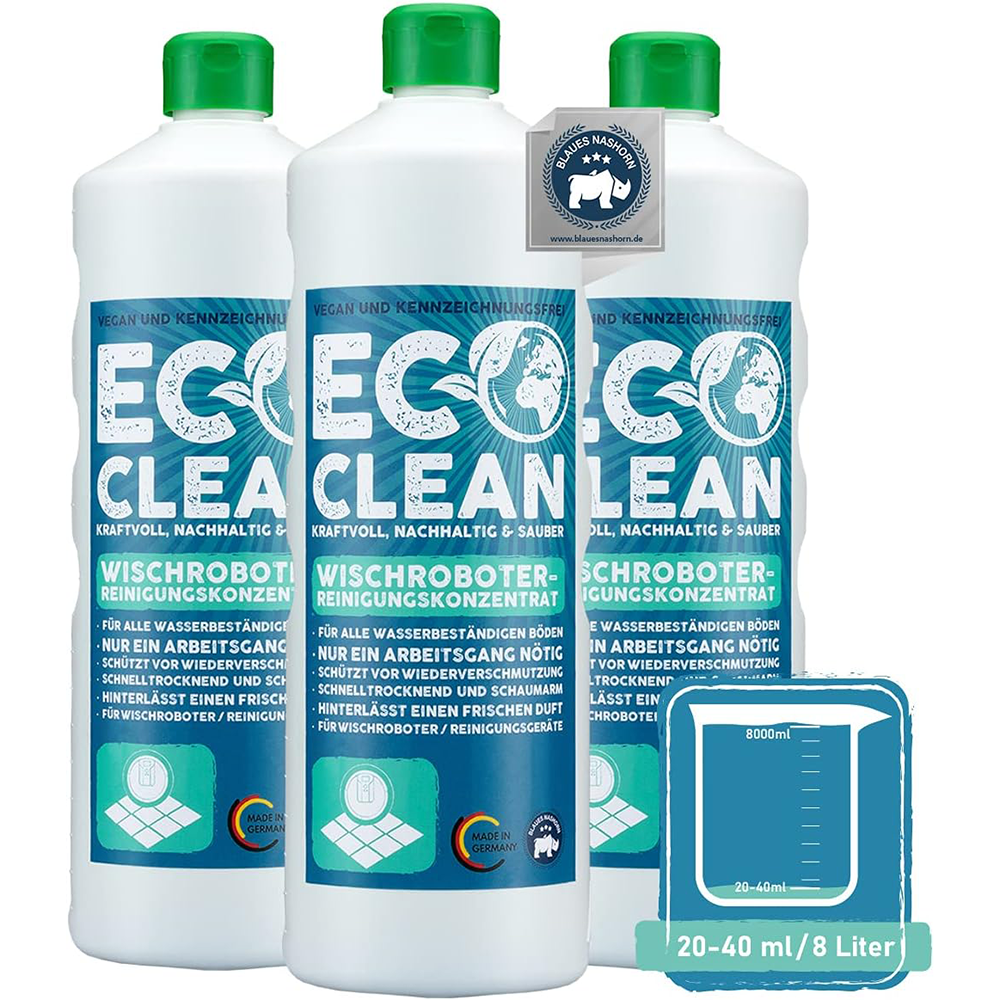 Drei Flaschen Eco Clean Wischroboter Reinigungsmittel 1 Liter mit Dosierhinweis 20–40 ml pro 8 Liter Wasser.
