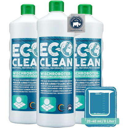 Drei Flaschen Eco Clean Wischroboter Reinigungsmittel 1 Liter mit Dosierhinweis 20–40 ml pro 8 Liter Wasser.
