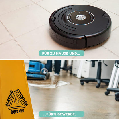 Saugroboter auf Fliesenboden im Haushalt und professionelle Bodenreinigung im Gewerbe als Einsatzbeispiel für Eco Clean Wischroboter Reinigungsmittel.