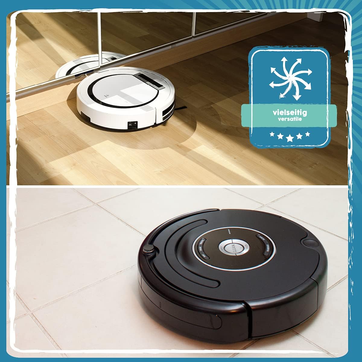 Wischroboter auf Holz- und Fliesenboden mit Hinweis auf vielseitige Anwendung des Eco Clean Wischroboter Reinigungsmittels.