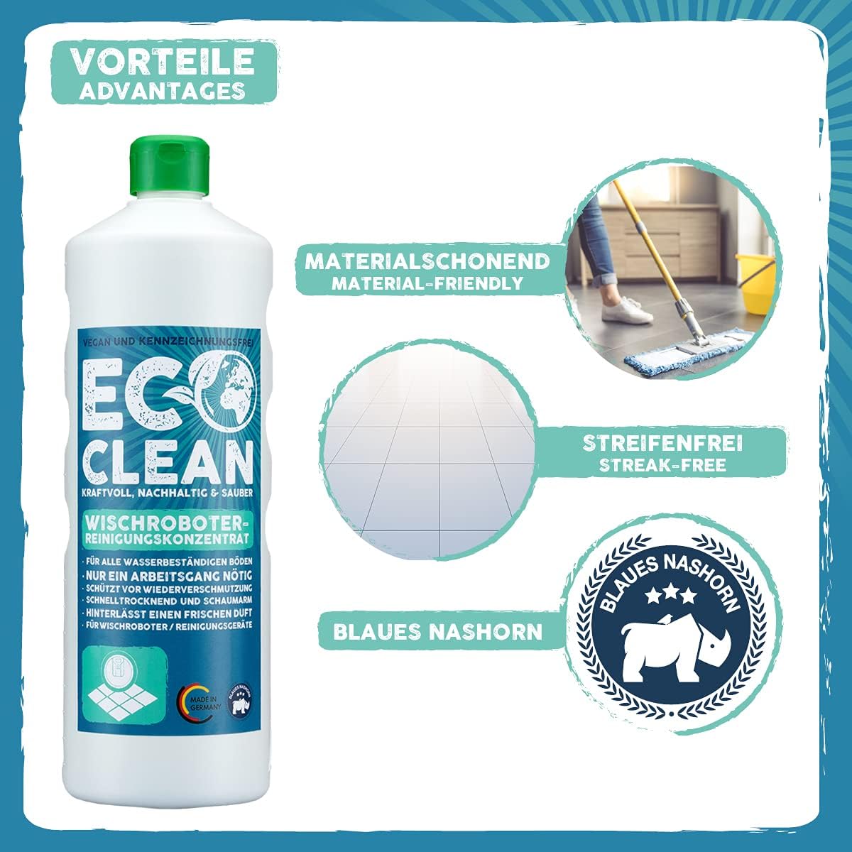 Produktübersicht des Eco Clean Wischroboter Reinigungsmittels mit Vorteilen wie materialschonend, streifenfrei und Blaues Nashorn Siegel.