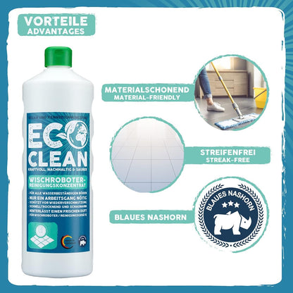 Produktübersicht des Eco Clean Wischroboter Reinigungsmittels mit Vorteilen wie materialschonend, streifenfrei und Blaues Nashorn Siegel.