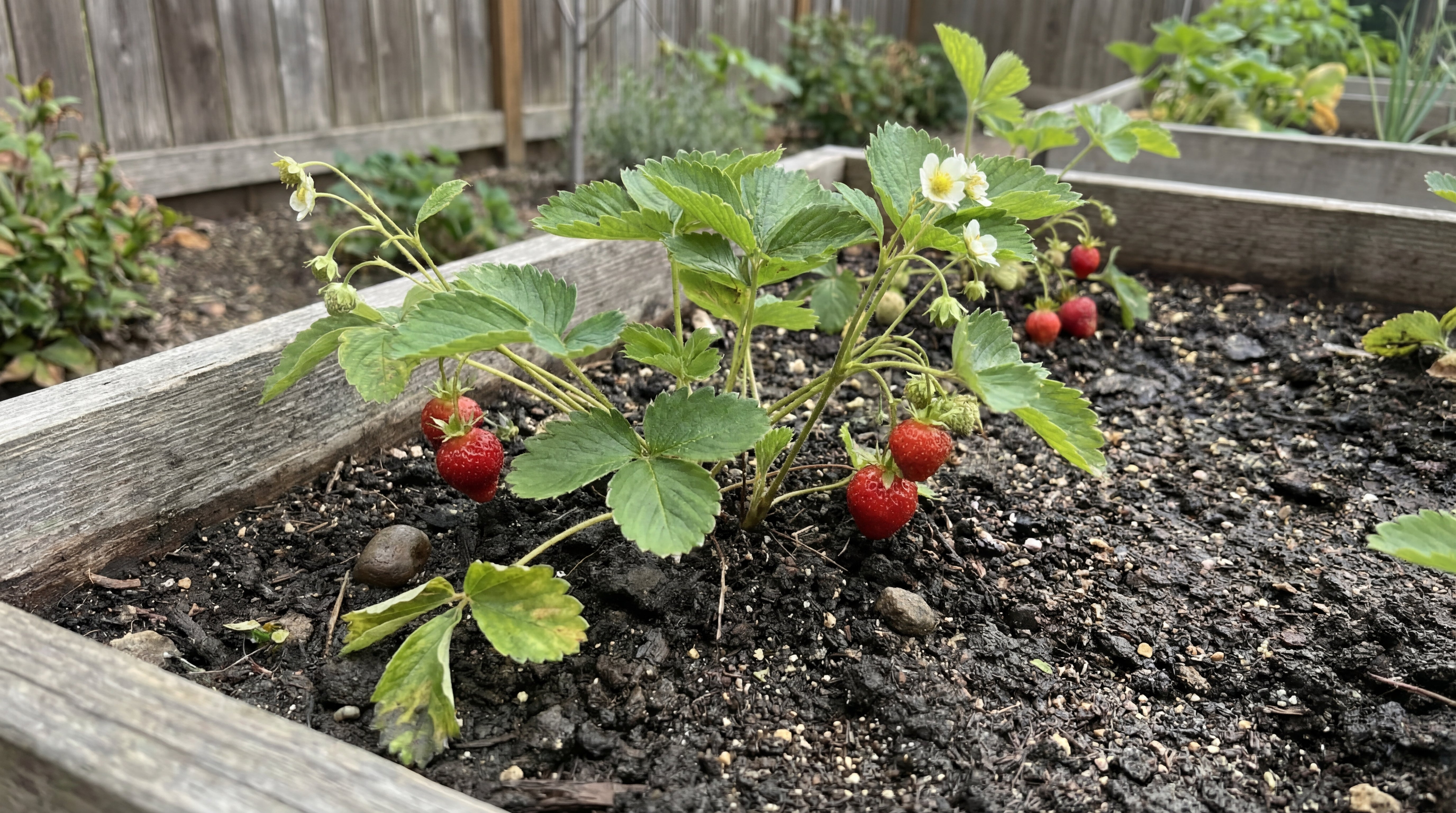 Gesunde Erdbeerpflanze im Hochbeet mit kräftigen Blättern und reifen Früchten dank optimaler Erde