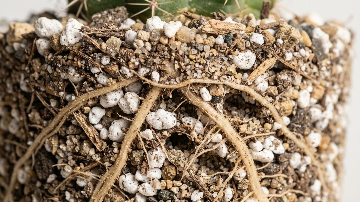 Makroaufnahme von lockerer Erde mit Perlit, Holzfasern und feinen Pflanzenwurzeln
