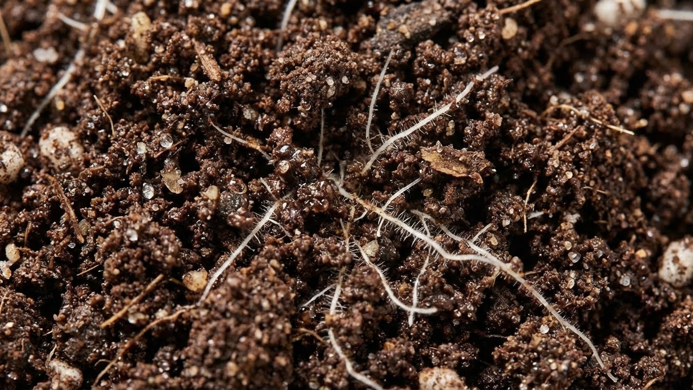 Detailaufnahme von lockerer Erde mit feinen Pflanzenwurzeln und strukturreicher Oberfläche