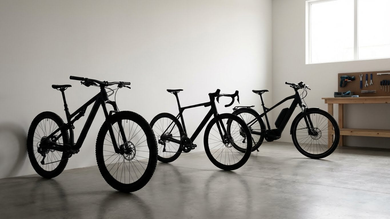 Drei unterschiedliche Fahrräder (Mountainbike, Rennrad, E-Bike) in einer minimalistischen Werkstattumgebung als Symbol für vielseitige Einsatzbereiche.