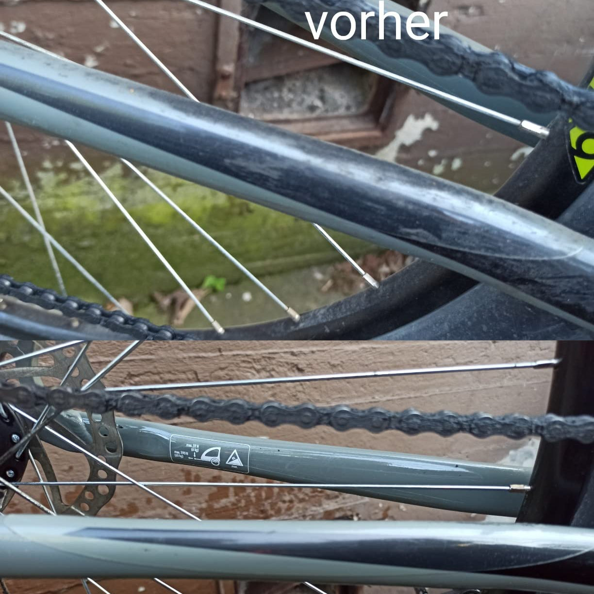 Verschmutzter Fahrradrahmen und Kette mit sichtbarem Staub- und Schmutzfilm als Vorher-Zustand.