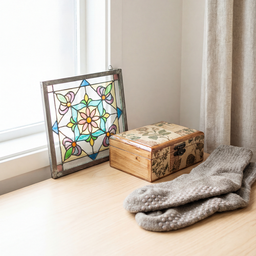 Dekorative Fensterbank mit einem bunten Bleiglasbild, einer kleinen Holzschatulle mit Pflanzenmotiv und gefalteten grauen Socken neben einem Vorhang.