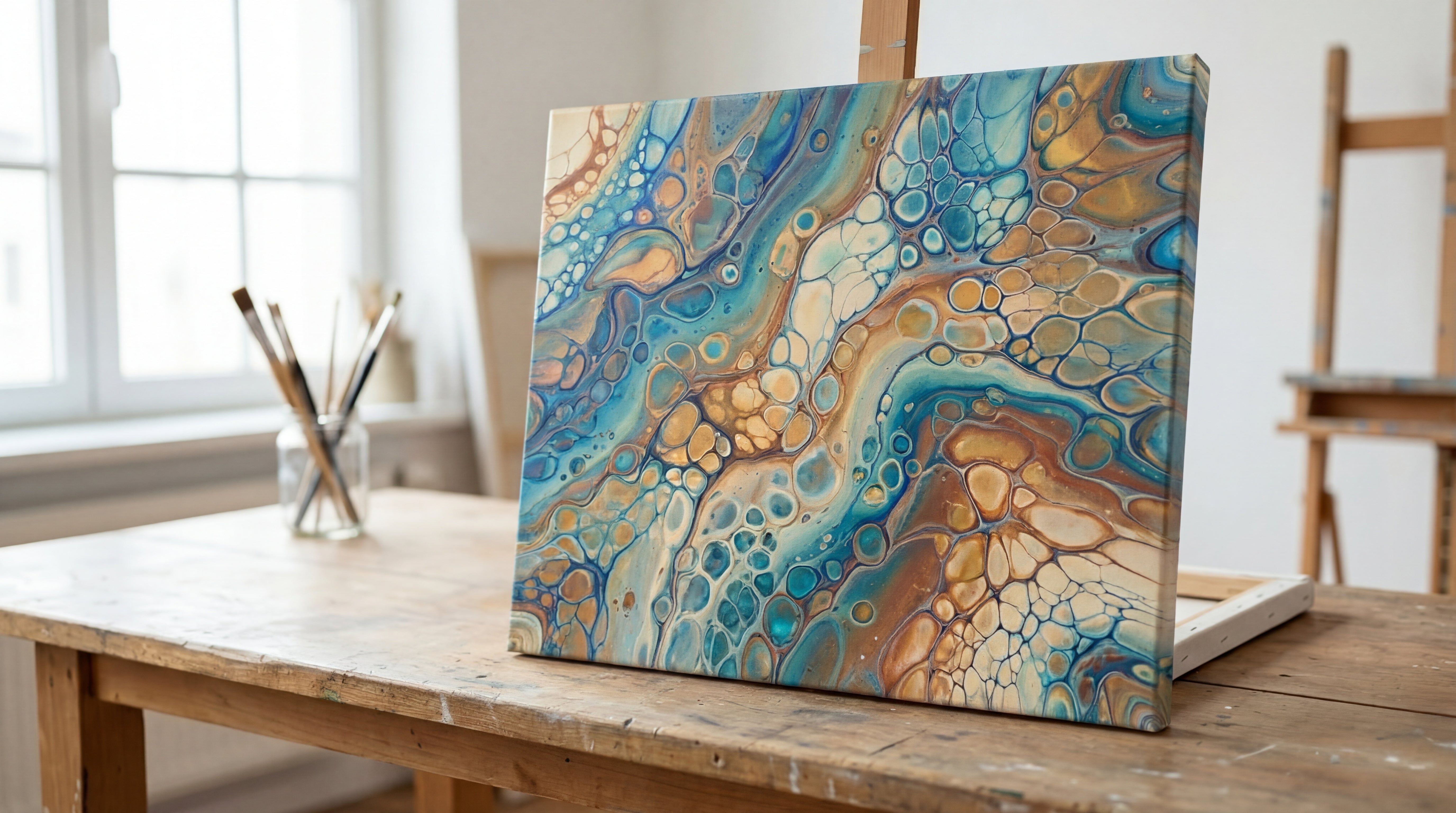 Fertige Acryl-Pouring-Leinwand mit Zellstruktur auf Staffelei im Atelier