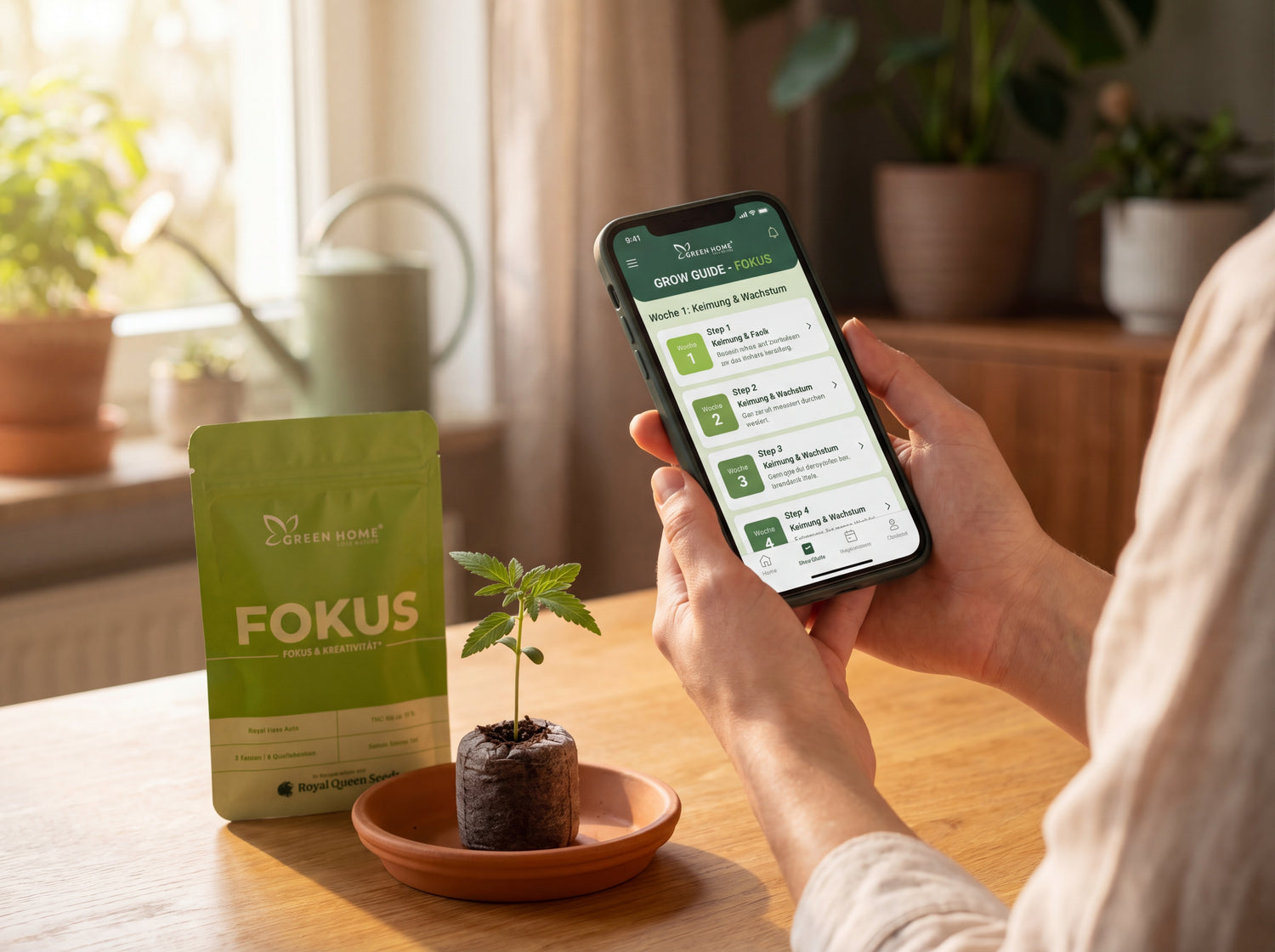 Digitaler Wochenplan auf Smartphone neben FOKUS Verpackung und Cannabis-Keimling