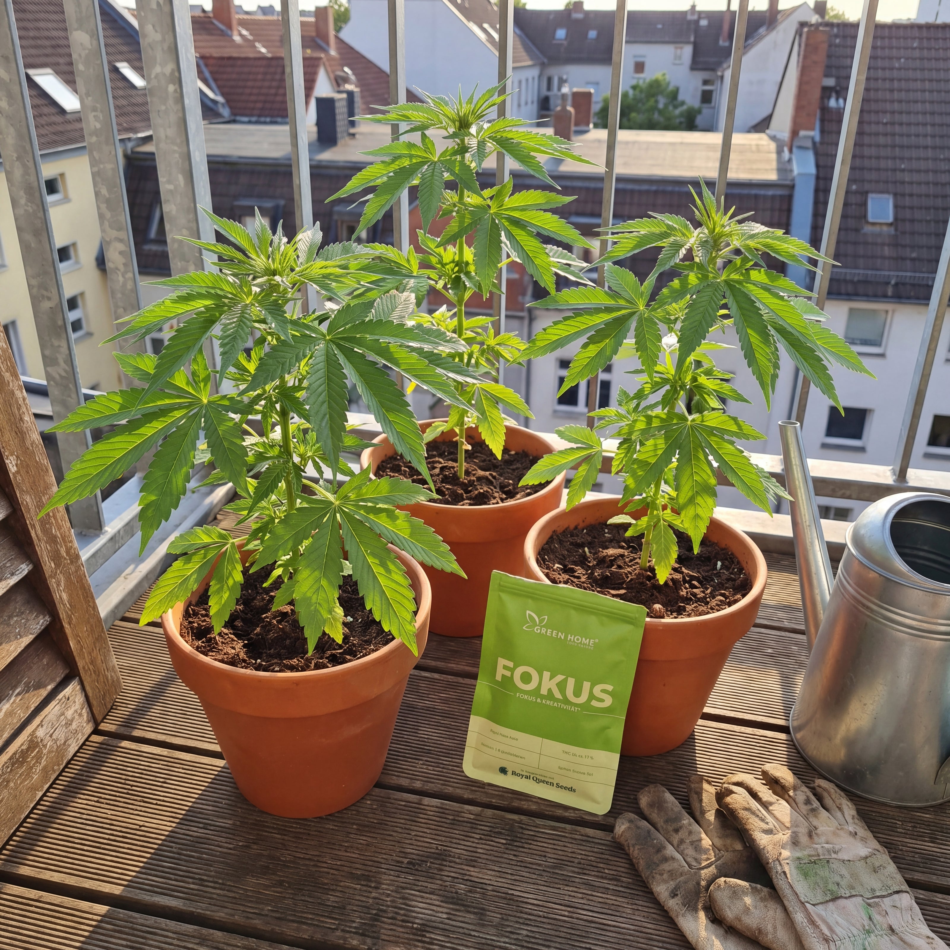 Drei junge Cannabis-Pflanzen auf Balkon neben FOKUS Verpackung – Kunden-Grow-Update