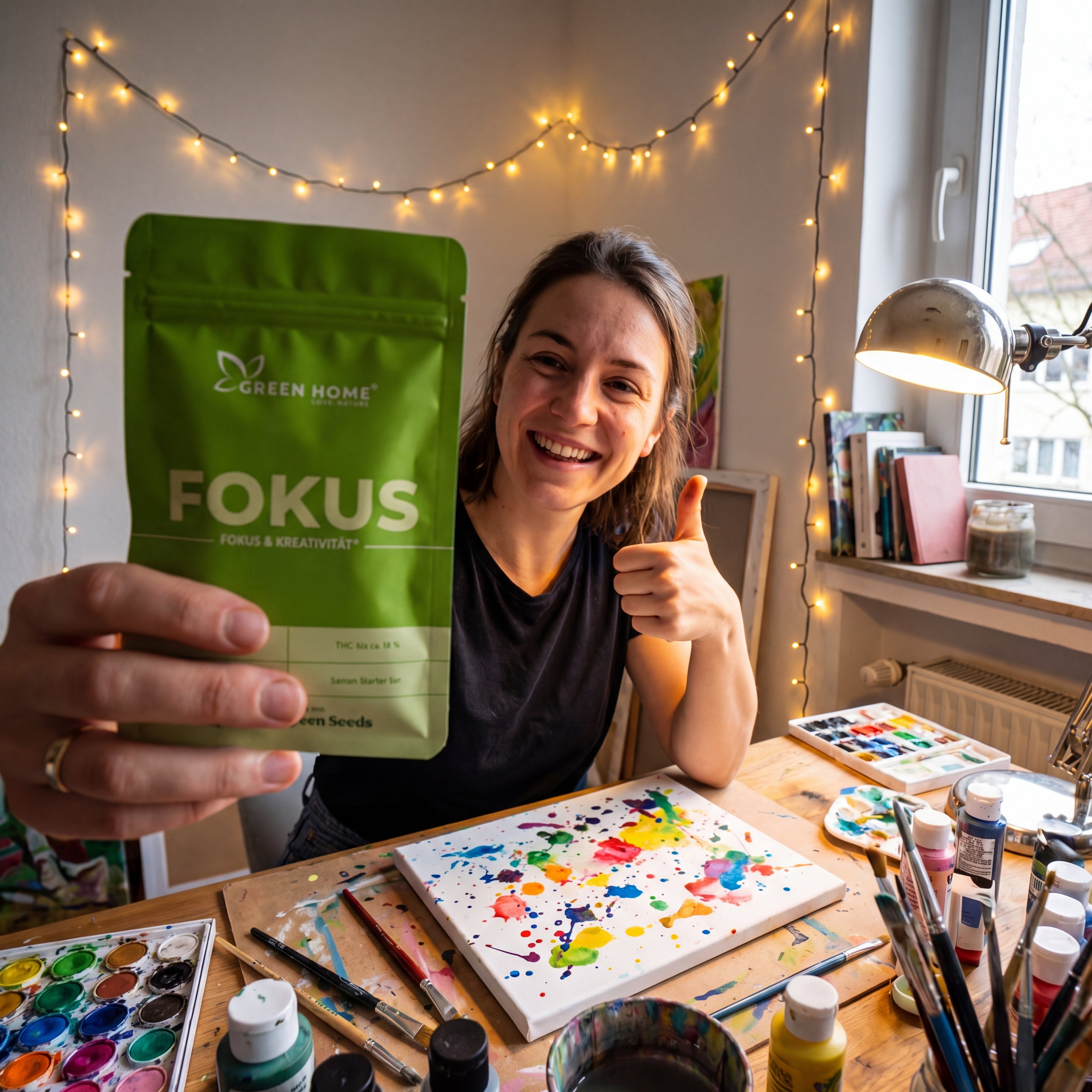 Kundin zeigt FOKUS Cannabis Starter Set am kreativen Schreibtisch – authentisches Kundenfoto