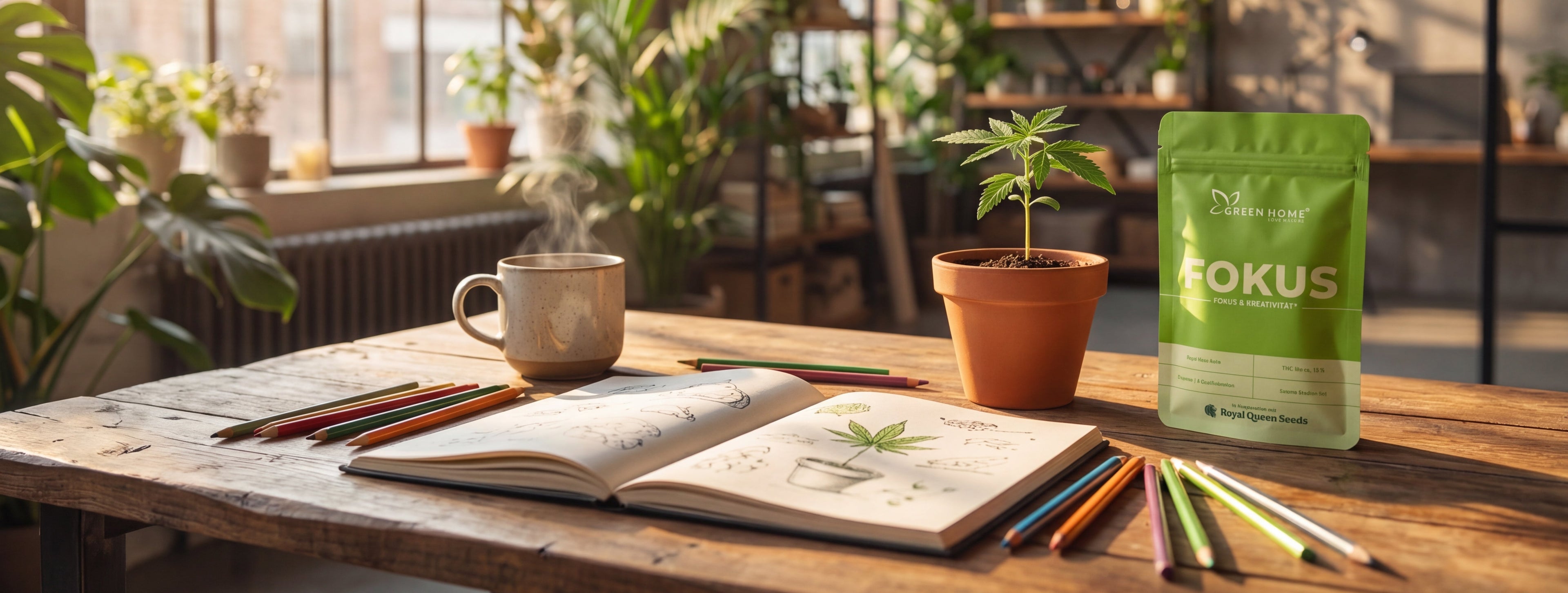Sonnendurchfluteter kreativer Arbeitsplatz mit Skizzenbuch und Cannabis-Keimling – FOKUS Starter Set A+ Banner