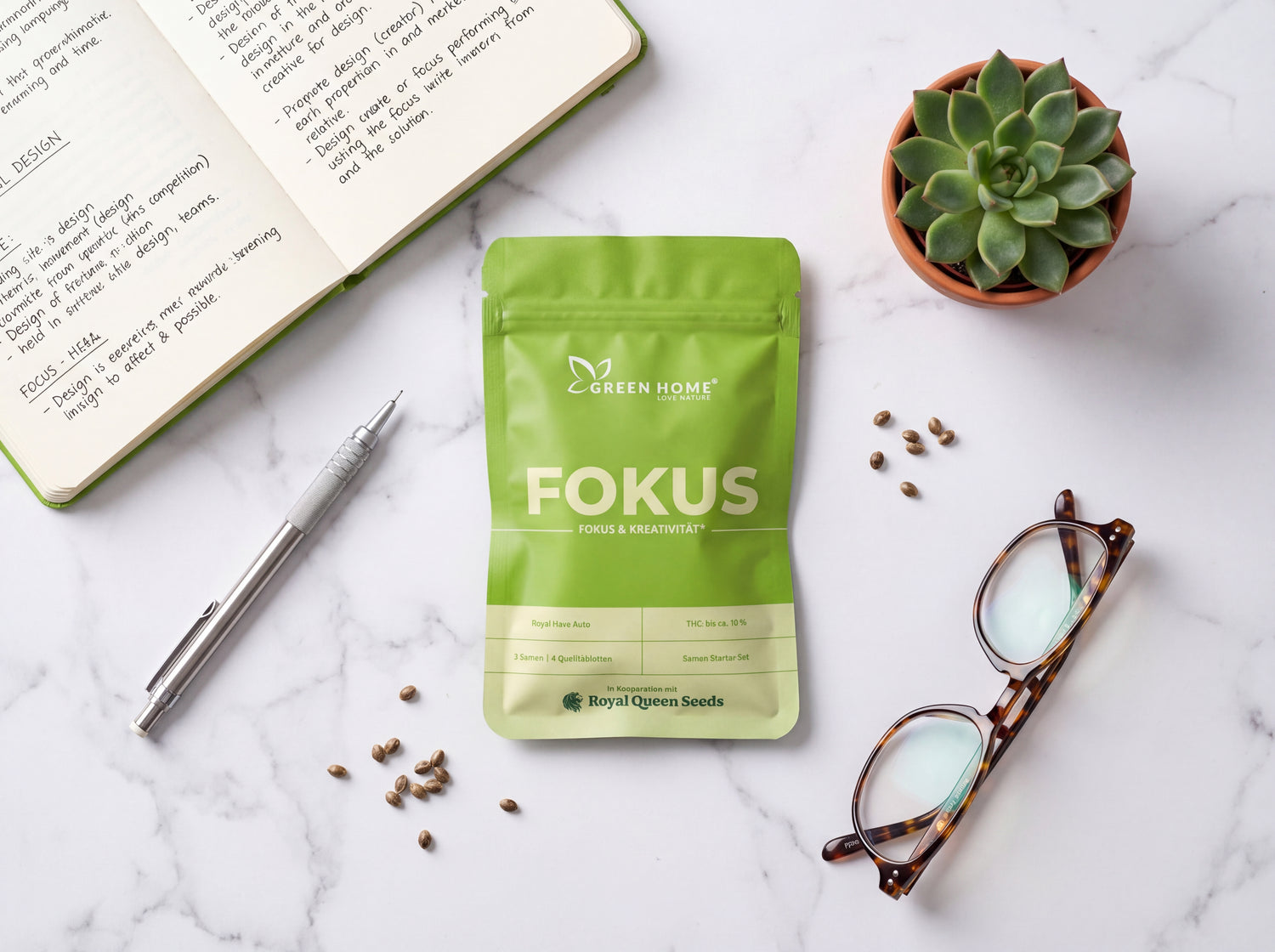FOKUS Cannabis Starter Set Flat-Lay mit Notizbuch, Samen und kreativen Utensilien