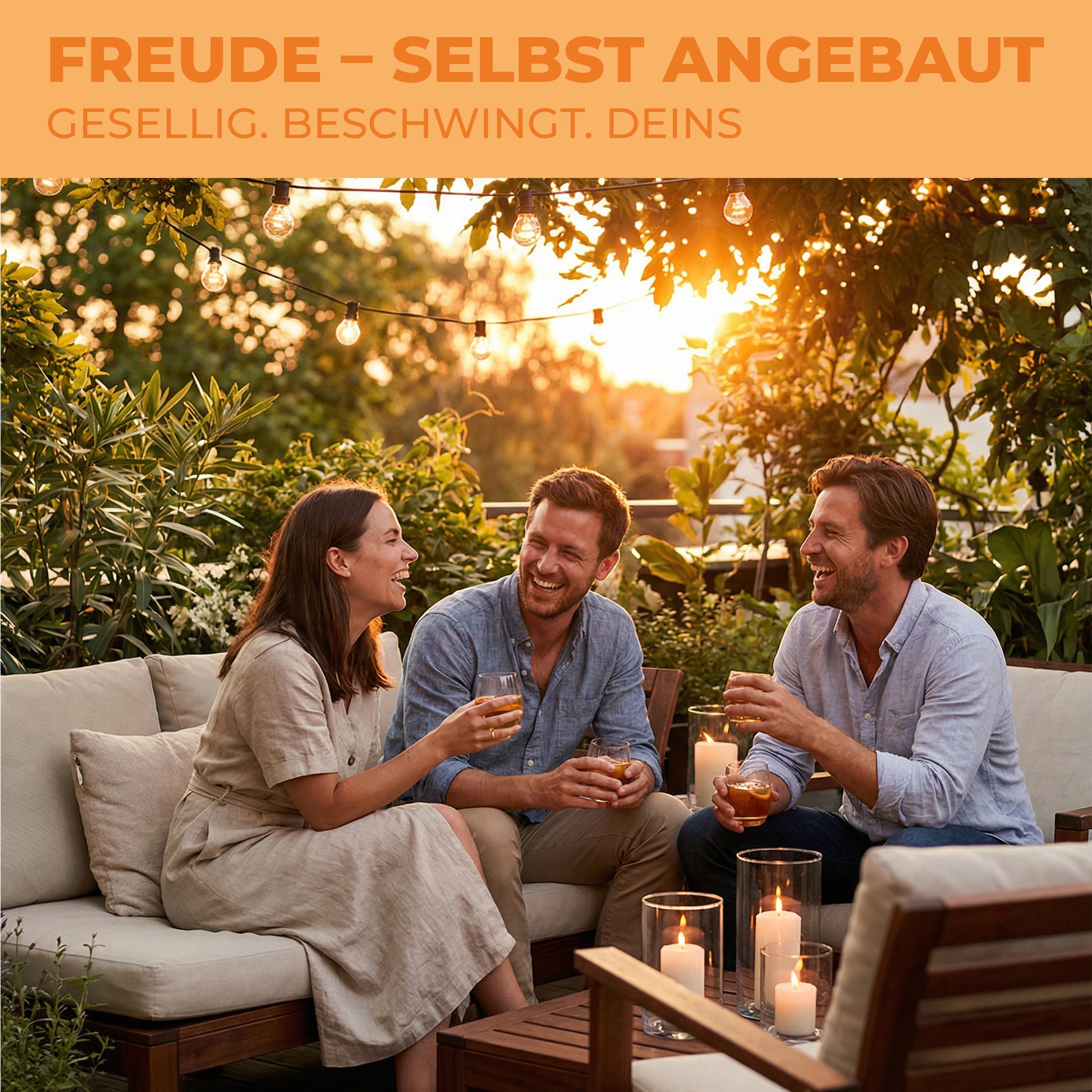 Freunde lachen auf Terrasse bei Sonnenuntergang – FREUDE Cannabis Samen für Geselligkeit