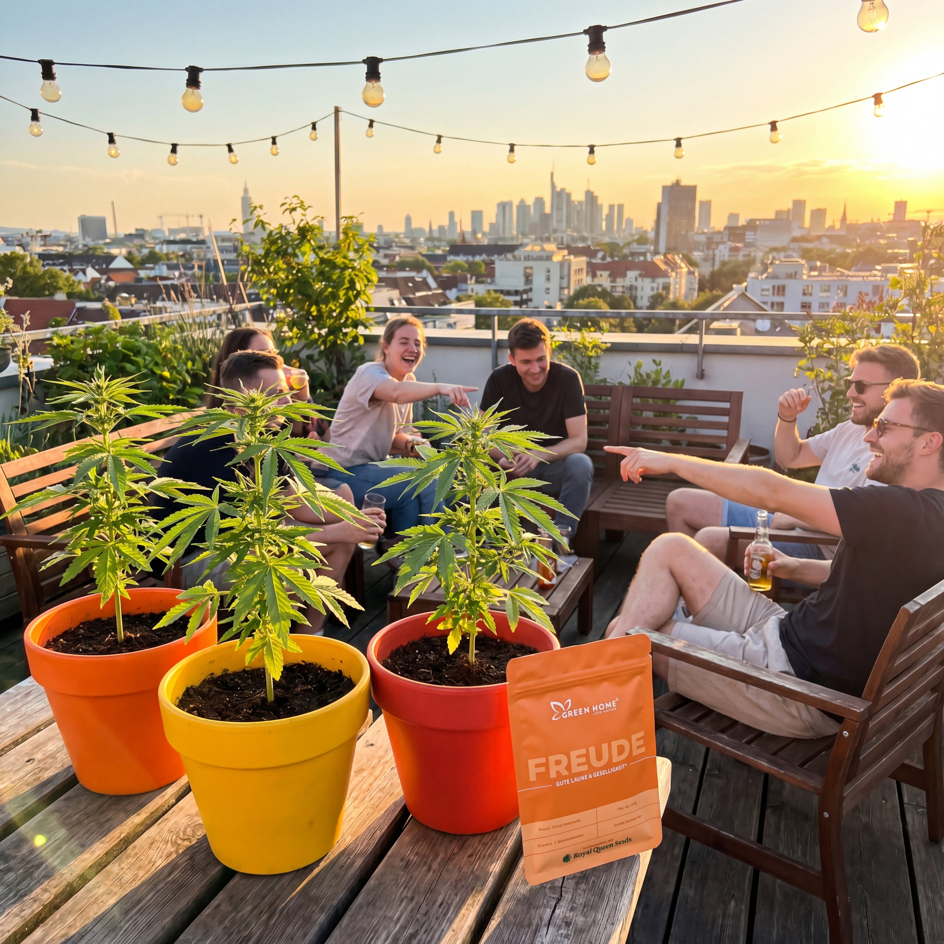 Cannabis-Pflanzen in bunten Töpfen auf Dachterrasse mit Lichterketten – Kundenfoto FREUDE