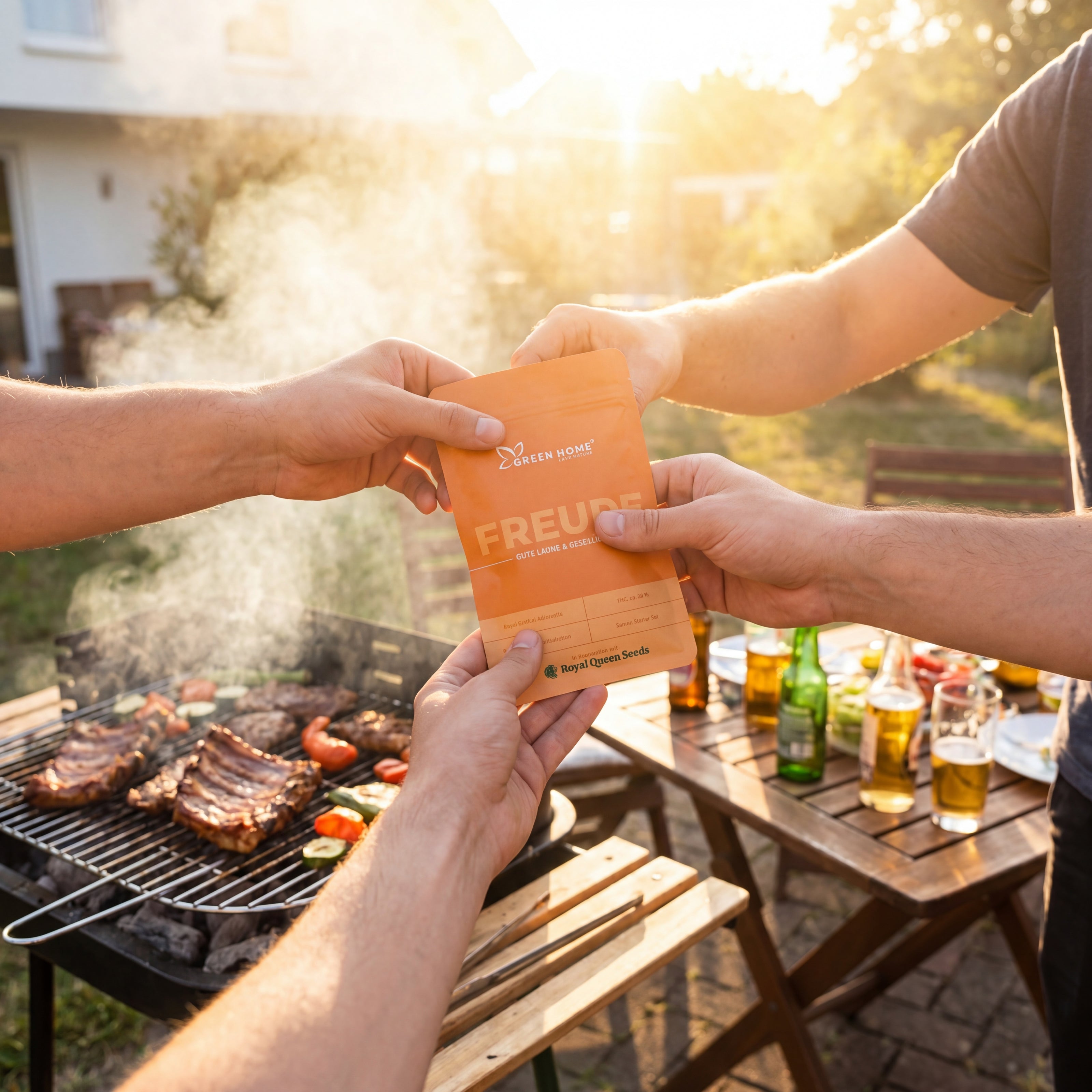 Freunde halten FREUDE Verpackung beim Grillen – authentisches Kundenfoto