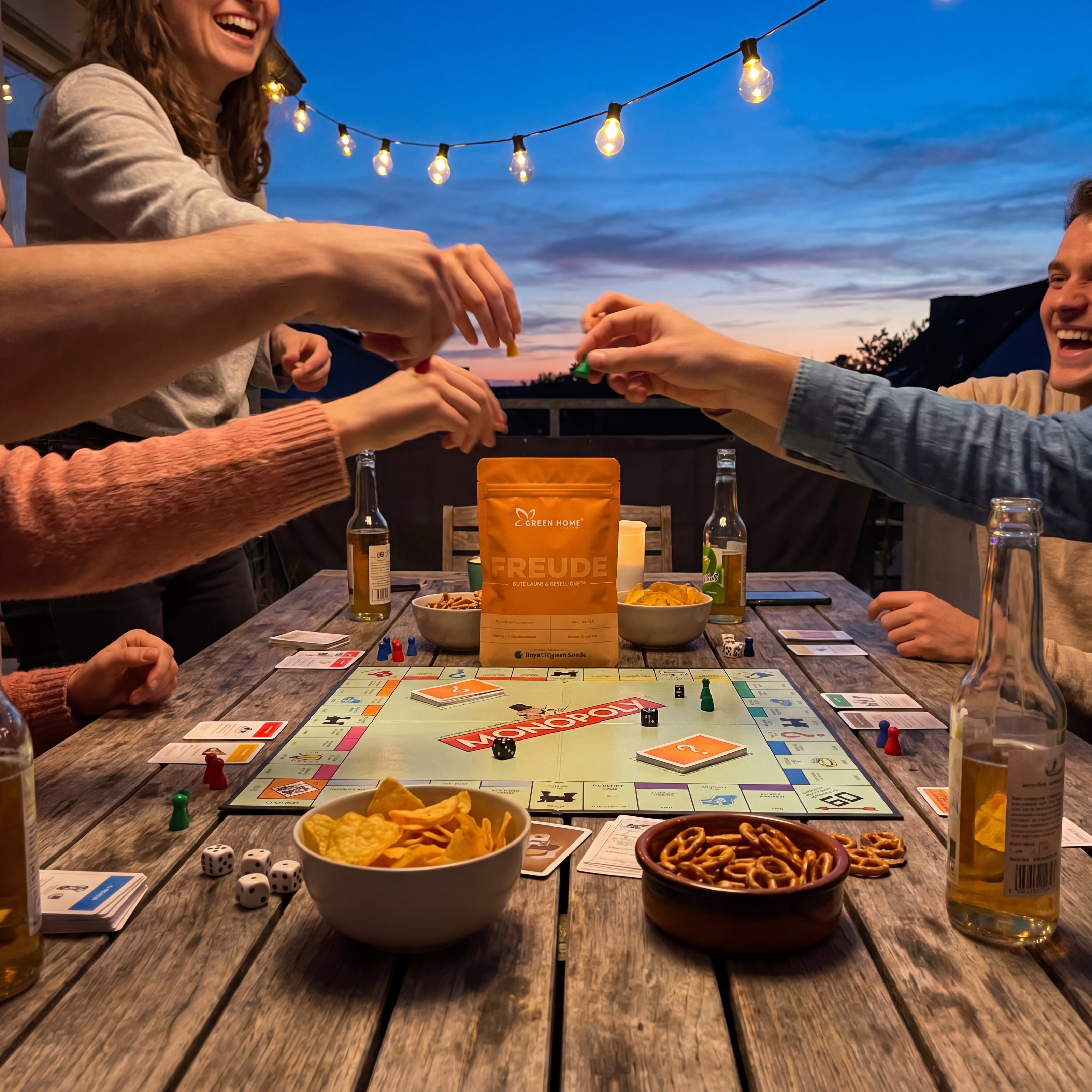 FREUDE Verpackung auf Tisch beim Spieleabend mit Freunden – authentisches Kundenfoto