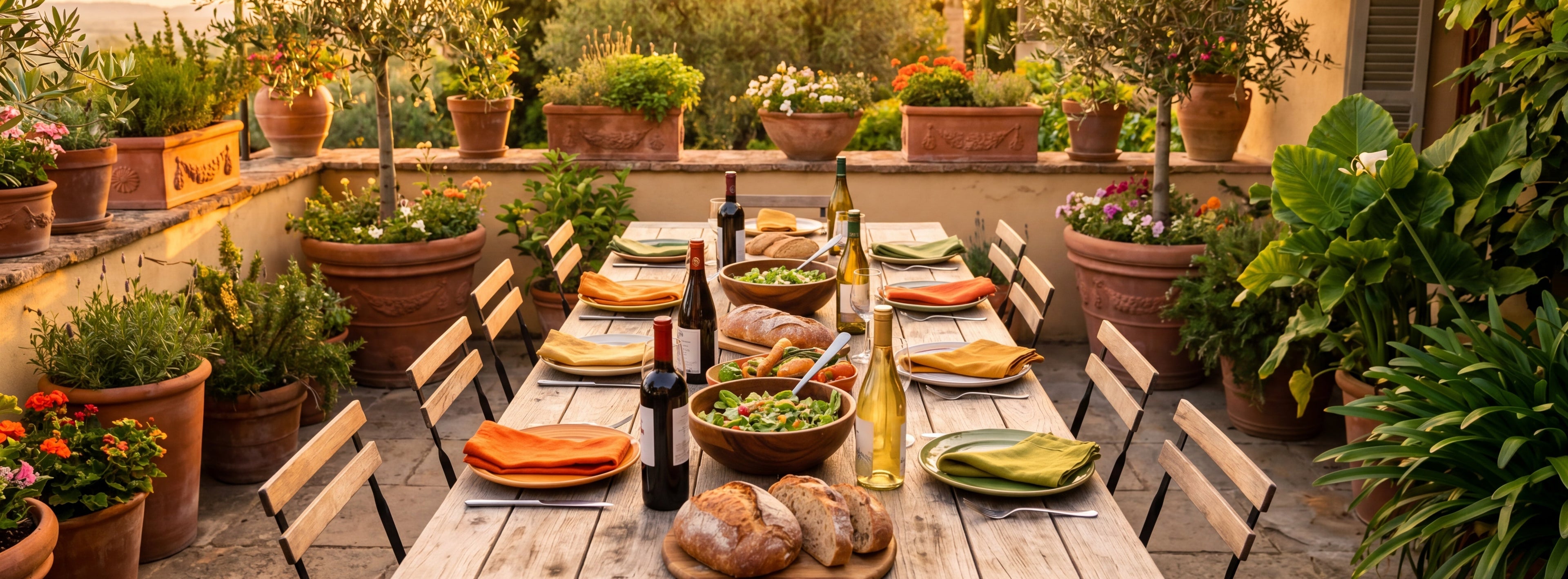 Gesellige Terrassenszene bei Sonnenuntergang mit gedecktem Tisch – FREUDE Starter Set A+ Banner