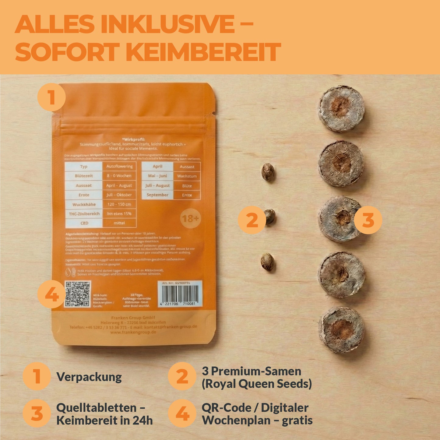 FREUDE Cannabis Starter Set Inhalt – 3 Samen, 4 Quelltabletten, digitaler Wochenplan