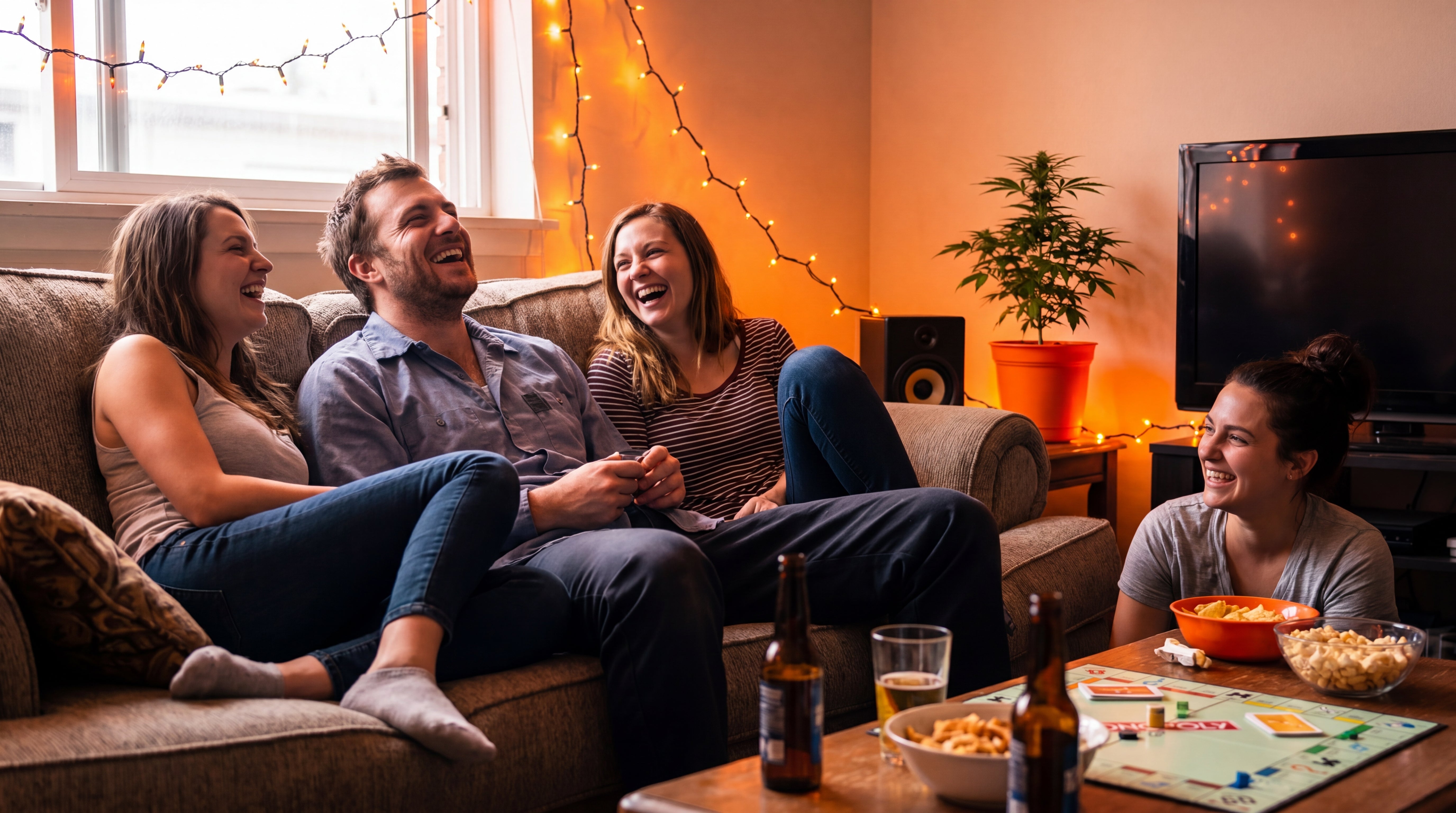 Freunde lachen gemeinsam auf Sofa bei Spieleabend mit Lichterketten – Nachher-Bild FREUDE
