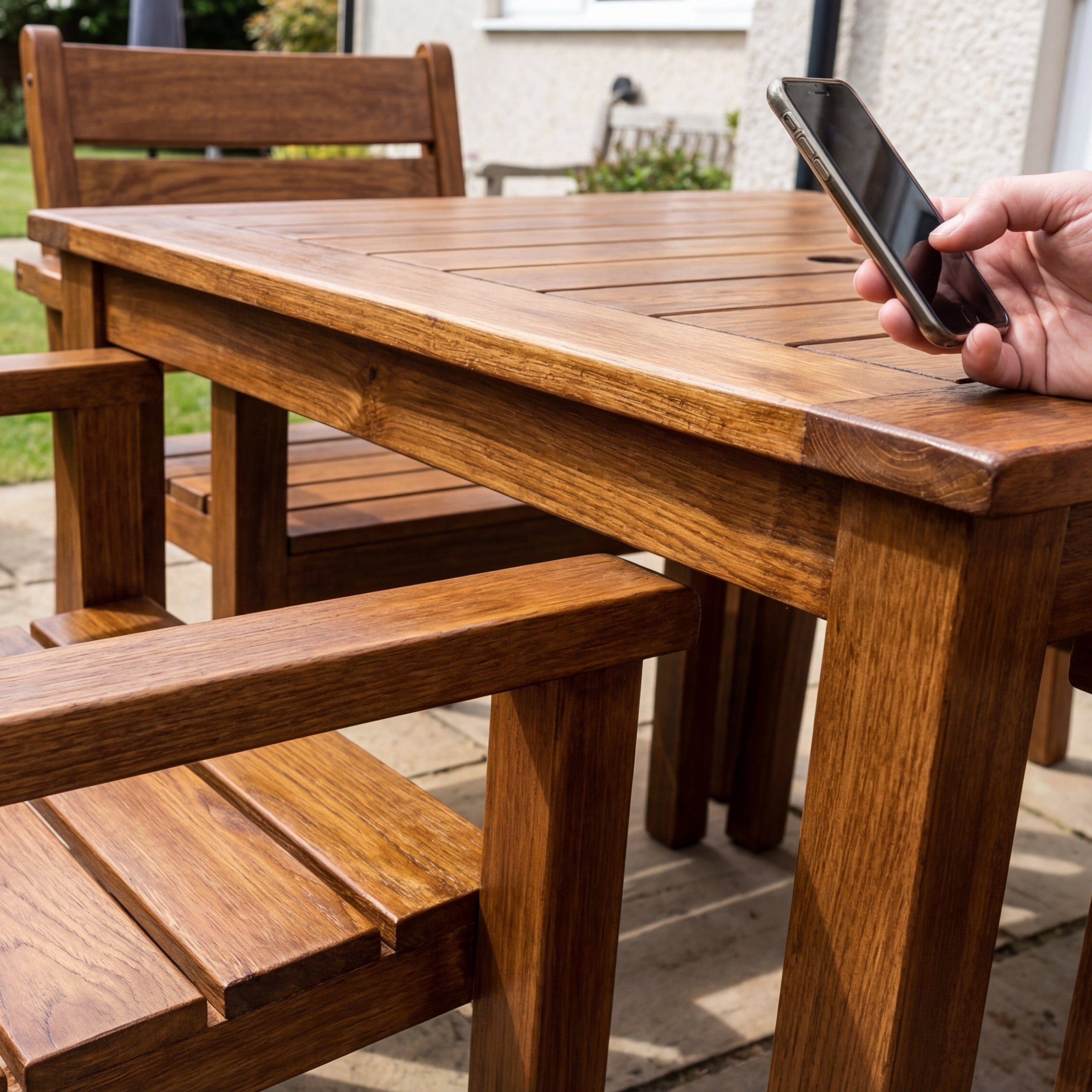 Holzgartentisch und Stühle auf einer Terrasse im Garten, eine Hand hält ein Smartphone über dem Tisch