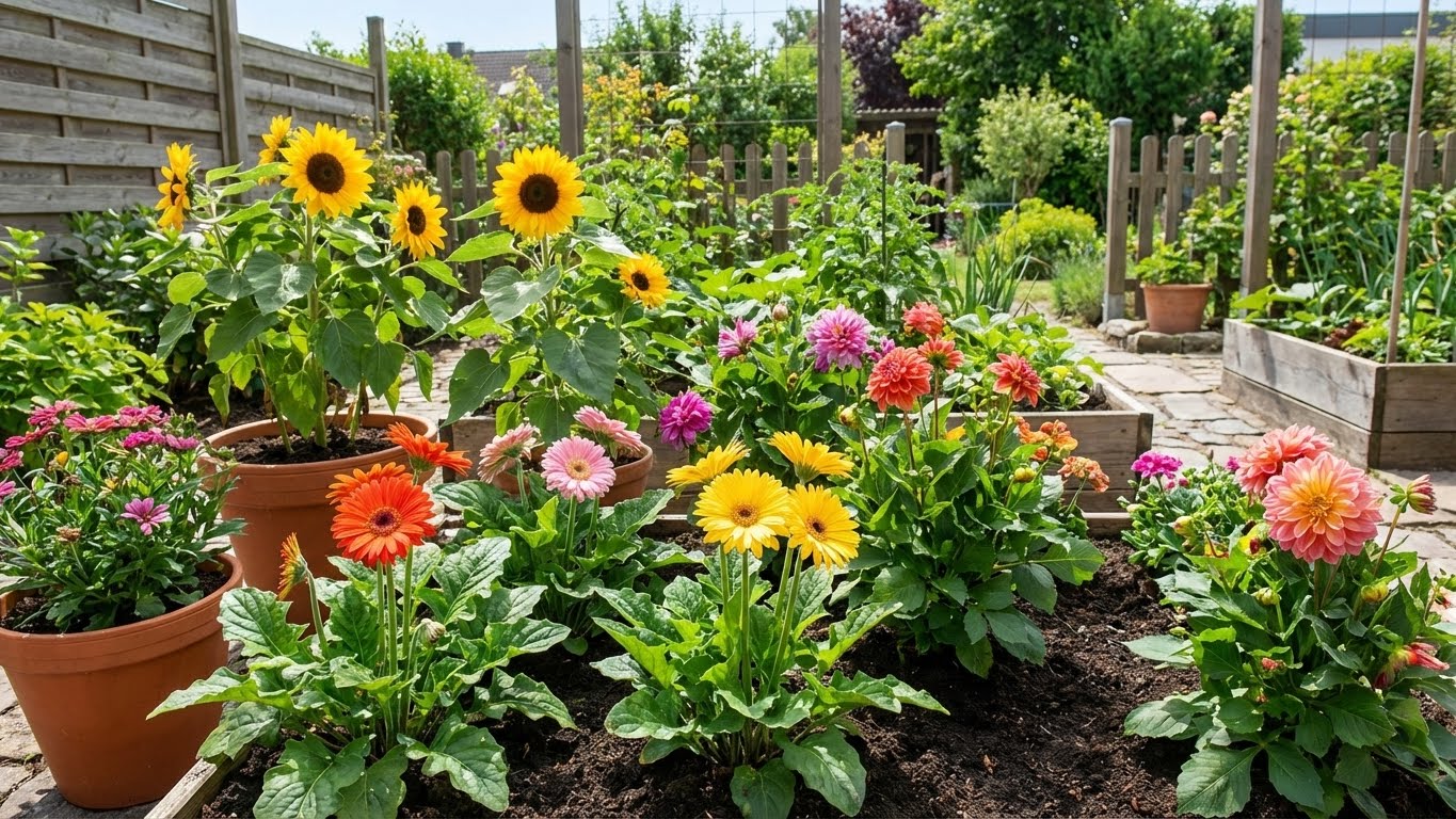 Blühende Gartenpflanzen in dunkler, lockerer Erde in einem gepflegten Gartenbeet