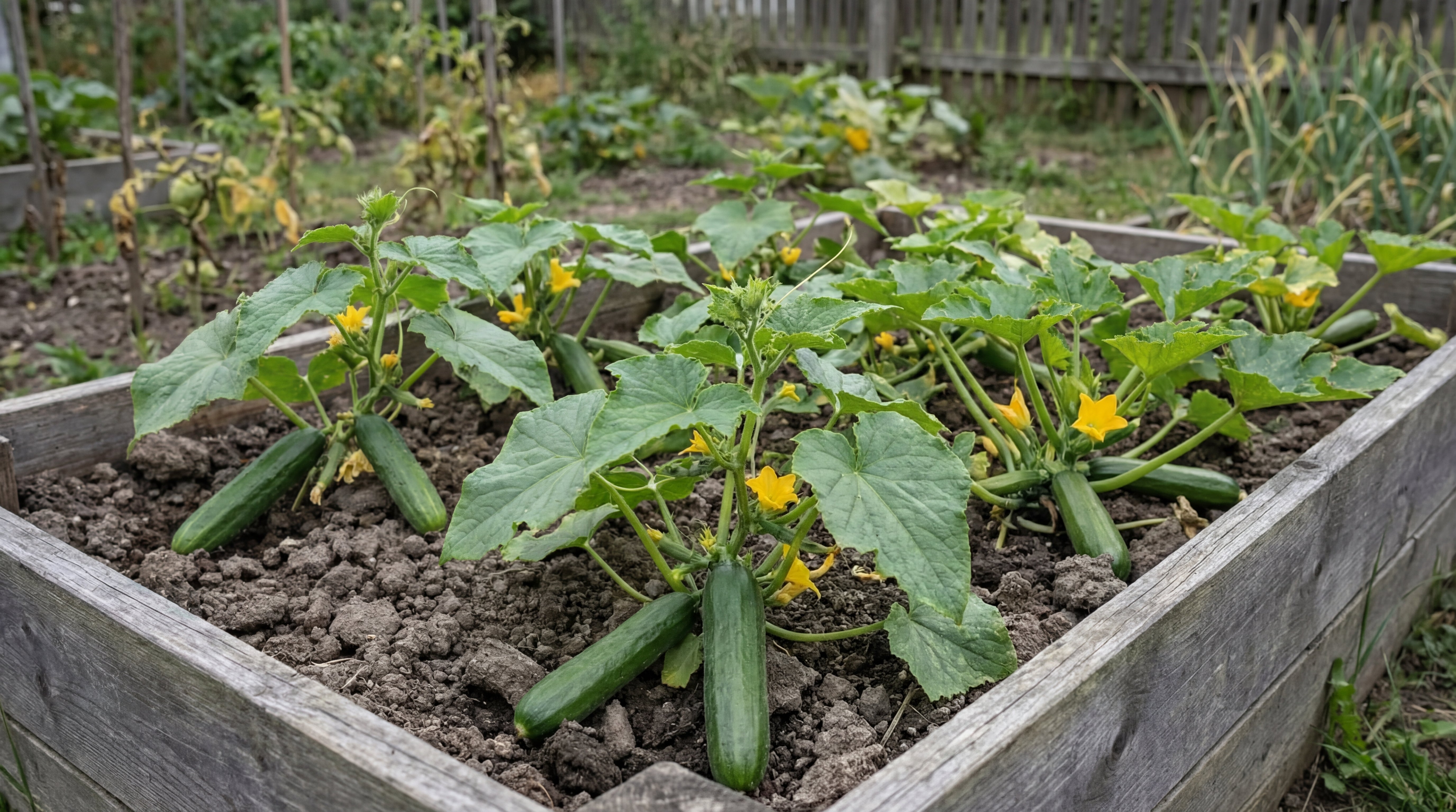 Ertragreiche Gurkenpflanzen im Hochbeet mit gesunden Früchten dank optimaler Erde und Bio-Dünger von Green Home.