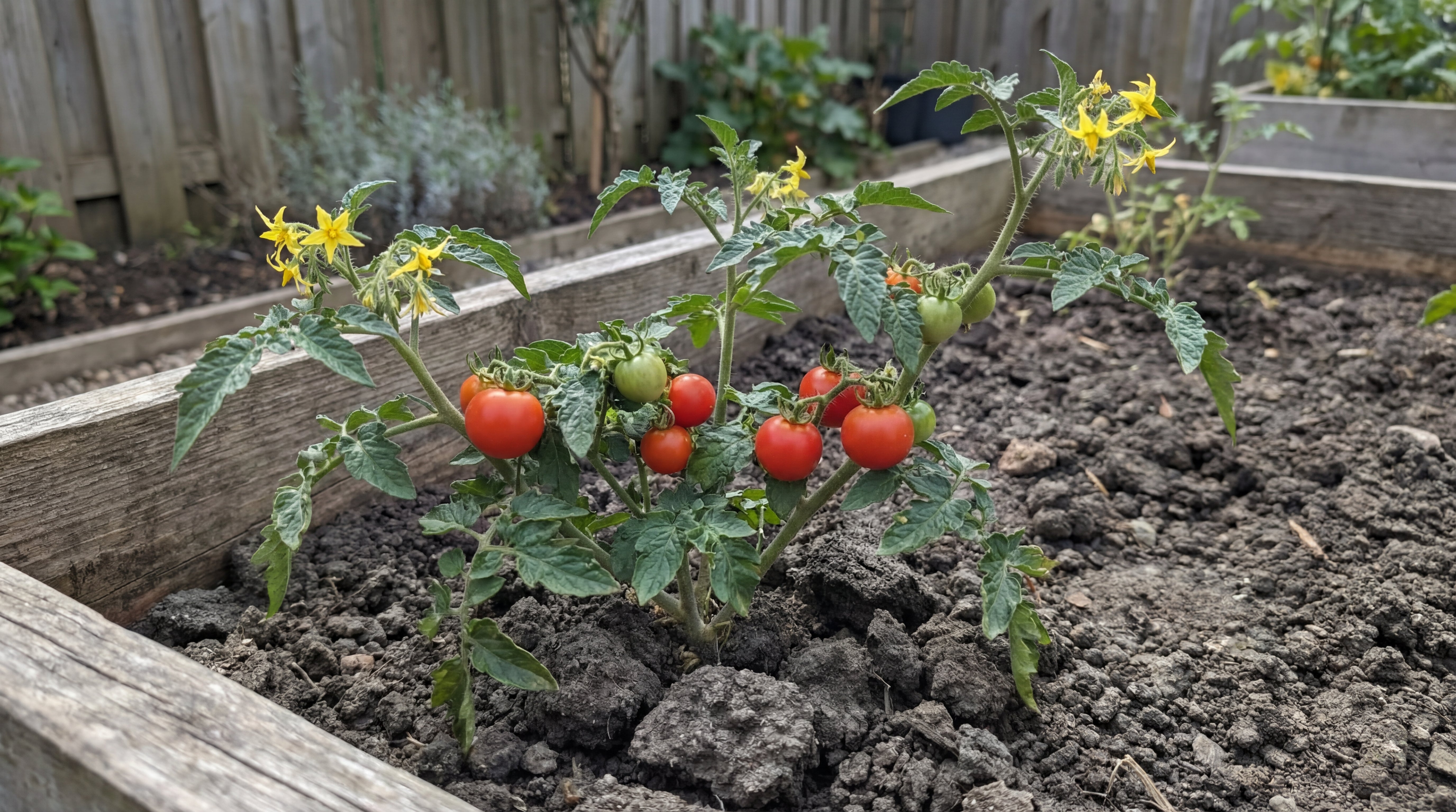 Gesunde Tomatenpflanze mit roten Früchten und gelben Blüten im Hochbeet.