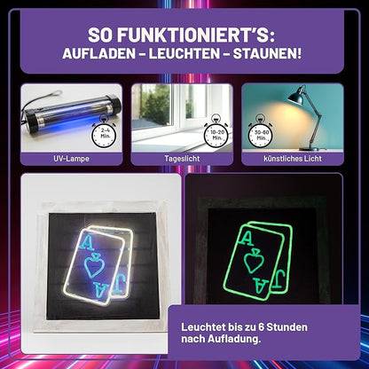 Glow in the Dark Farbe lädt sich durch UV-Licht und Tageslicht auf und leuchtet bis zu 6 Stunden im Dunkeln