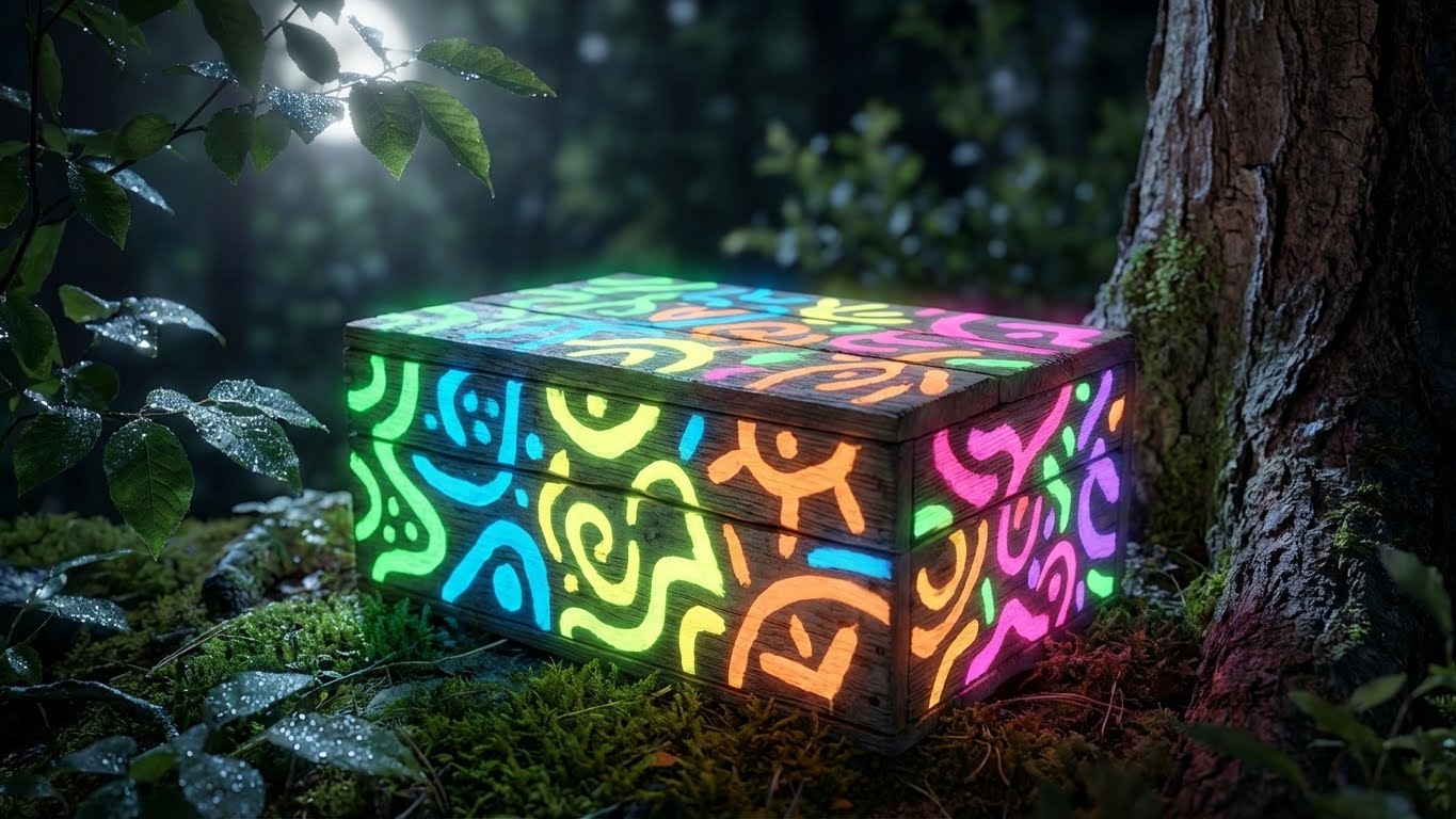 Glow in the Dark Farbe auf Holzbox mit bunten Neonmustern, stark leuchtend bei Dunkelheit