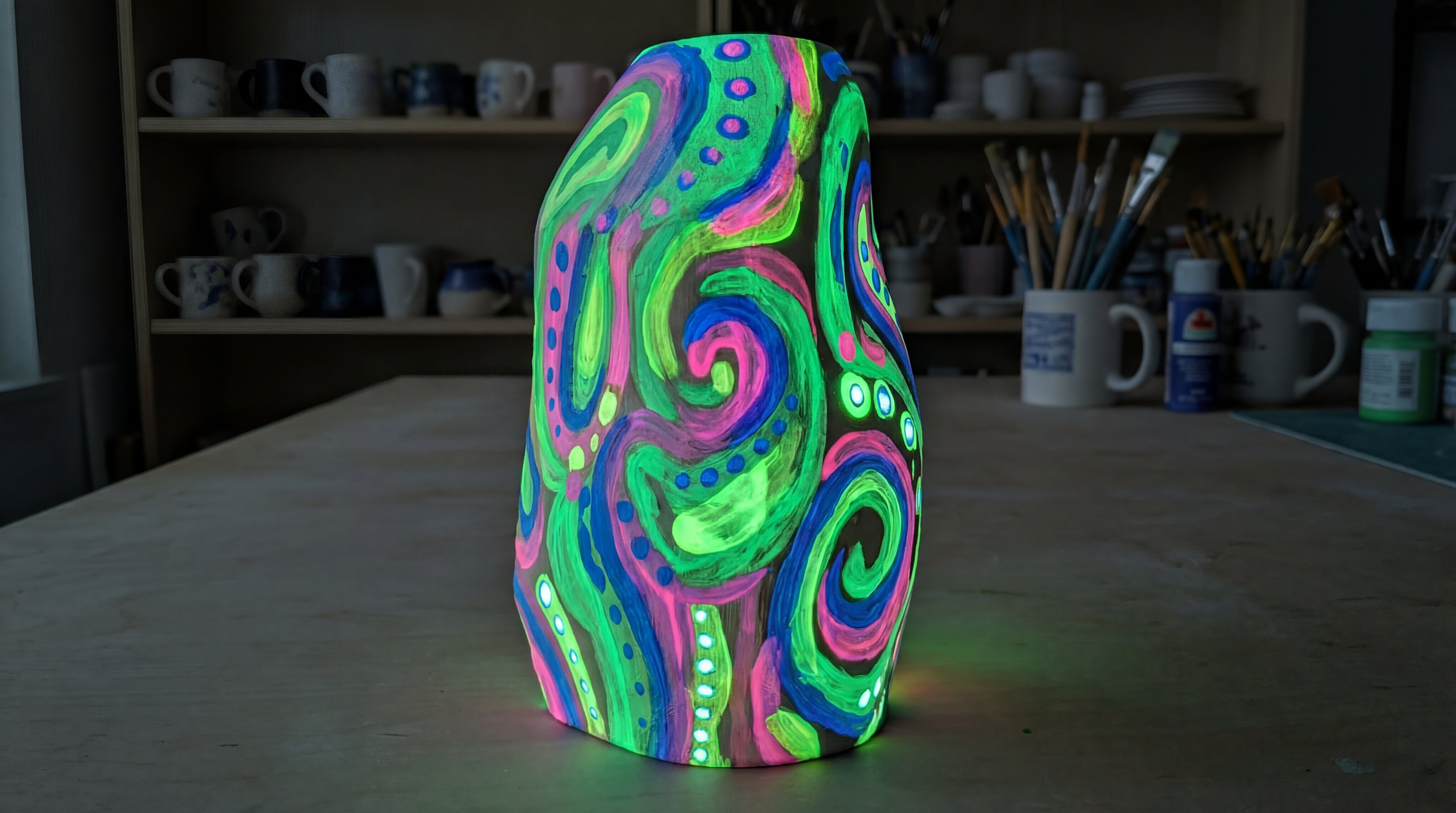 Glow in the Dark Farbe auf Keramikobjekt mit starkem Leuchteffekt im Dunkeln