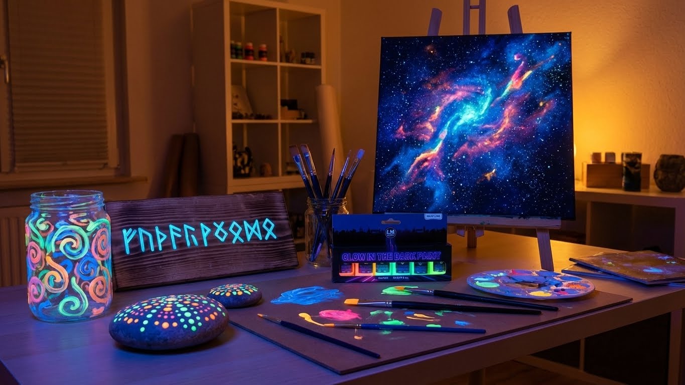 Glow in the Dark Farben im Einsatz auf verschiedenen DIY-Projekten am Kreativ-Arbeitsplatz