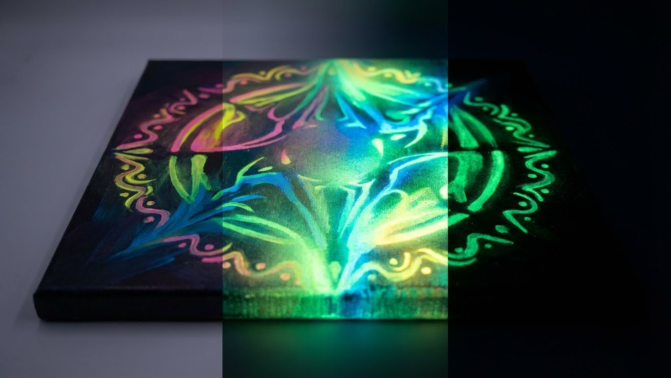 Glow in the Dark Acrylfarbe auf Leinwand mit Farbwirkung bei Tageslicht und Leuchteffekt im Dunkeln