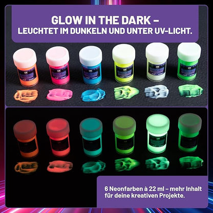 Glow in the Dark Farben von LM Kreativ bei Tageslicht und im Dunkeln, starke Leuchtkraft nach UV- oder Lichtaufladung