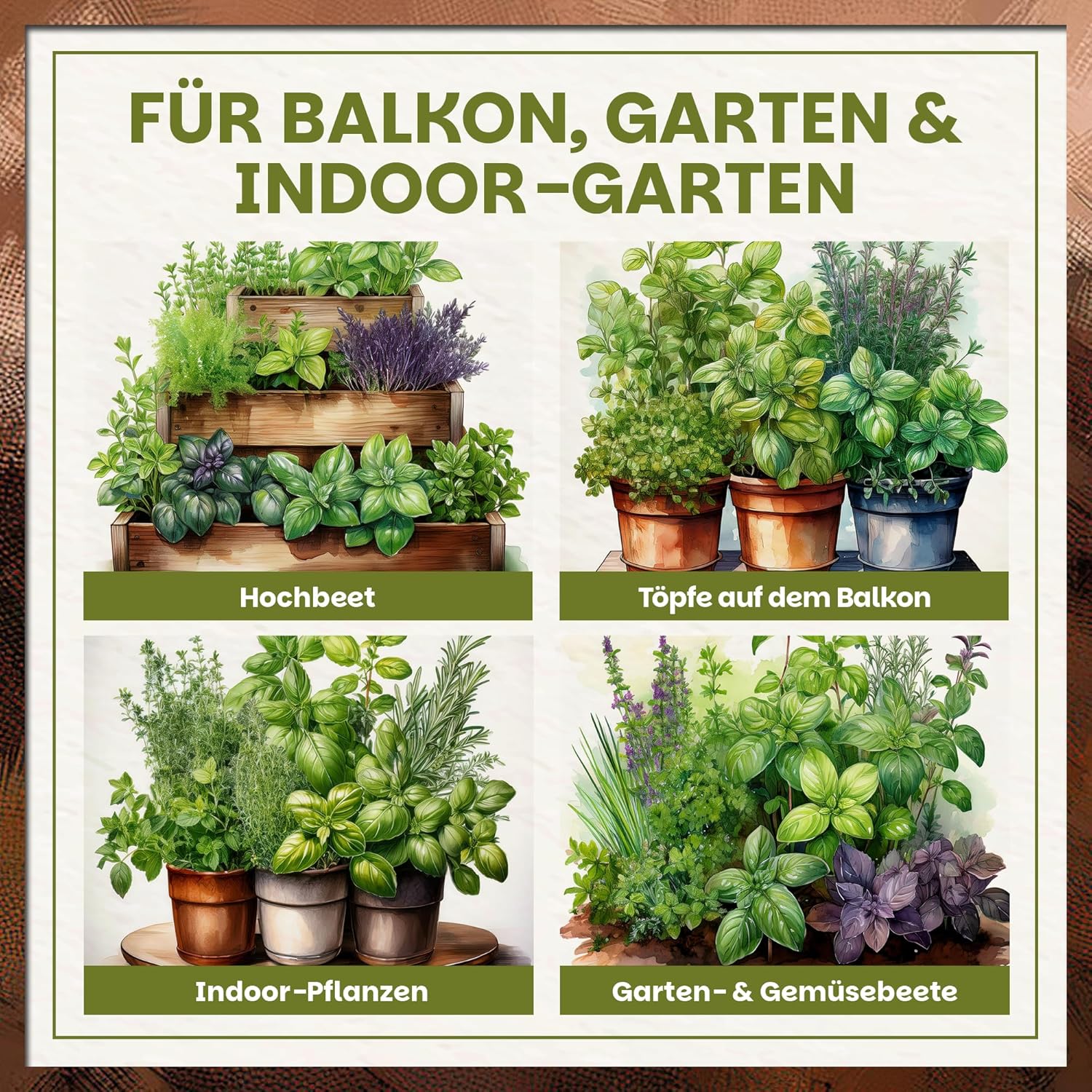 Infografik mit verschiedenen Einsatzbereichen für Green Home Anzucht & Kräutererde auf Balkon, im Garten und im Innenbereich