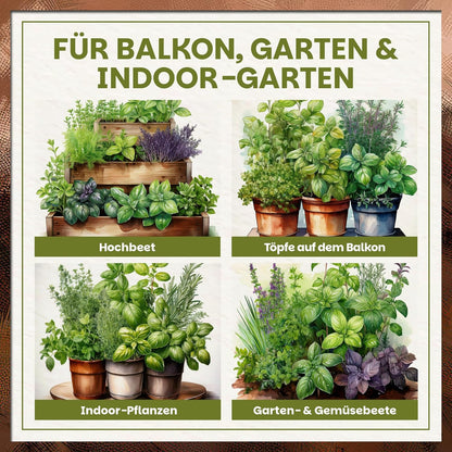 Infografik mit verschiedenen Einsatzbereichen für Green Home Anzucht & Kräutererde auf Balkon, im Garten und im Innenbereich