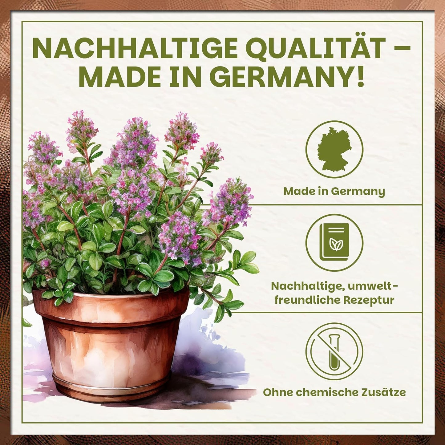 Infografik zu nachhaltiger Qualität von Green Home Anzucht & Kräutererde mit Hinweisen auf Herstellung in Deutschland und umweltfreundliche Rezeptur