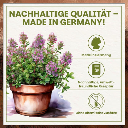 Infografik zu nachhaltiger Qualität von Green Home Anzucht & Kräutererde mit Hinweisen auf Herstellung in Deutschland und umweltfreundliche Rezeptur