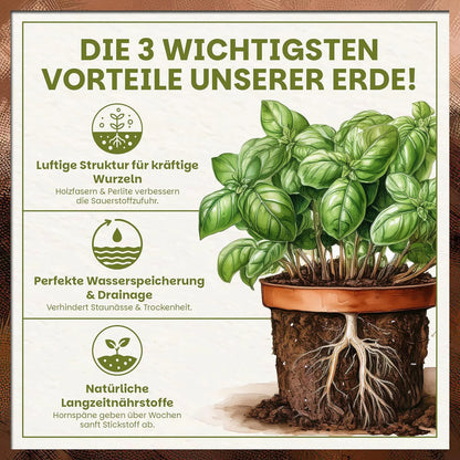 Vorteile der Green Home Kräutererde mit luftiger Struktur, optimaler Wasserspeicherung und natürlichen Langzeitnährstoffen