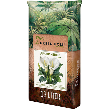 Green Home Aroid Erde als 18 Liter Sack mit Produktetikett für tropische Zimmerpflanzen