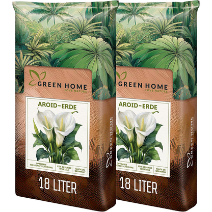 Zwei Säcke Green Home Aroid Erde mit je 18 Liter Inhalt als Set dargestellt