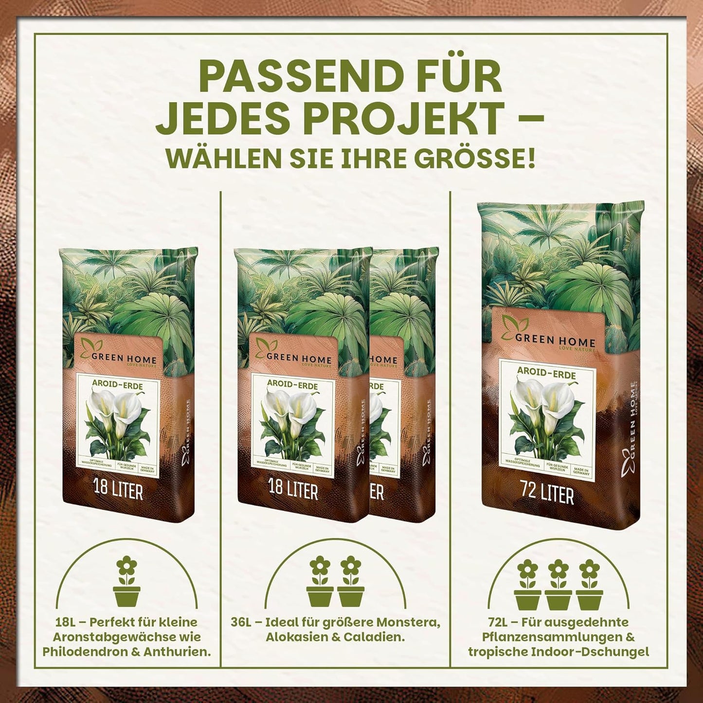 Übersicht der verfügbaren Größen der Green Home Aroid Erde mit 18 Liter, 36 Liter und 72 Liter Verpackungen