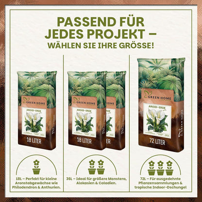 Übersicht der verfügbaren Größen der Green Home Aroid Erde mit 18 Liter, 36 Liter und 72 Liter Verpackungen