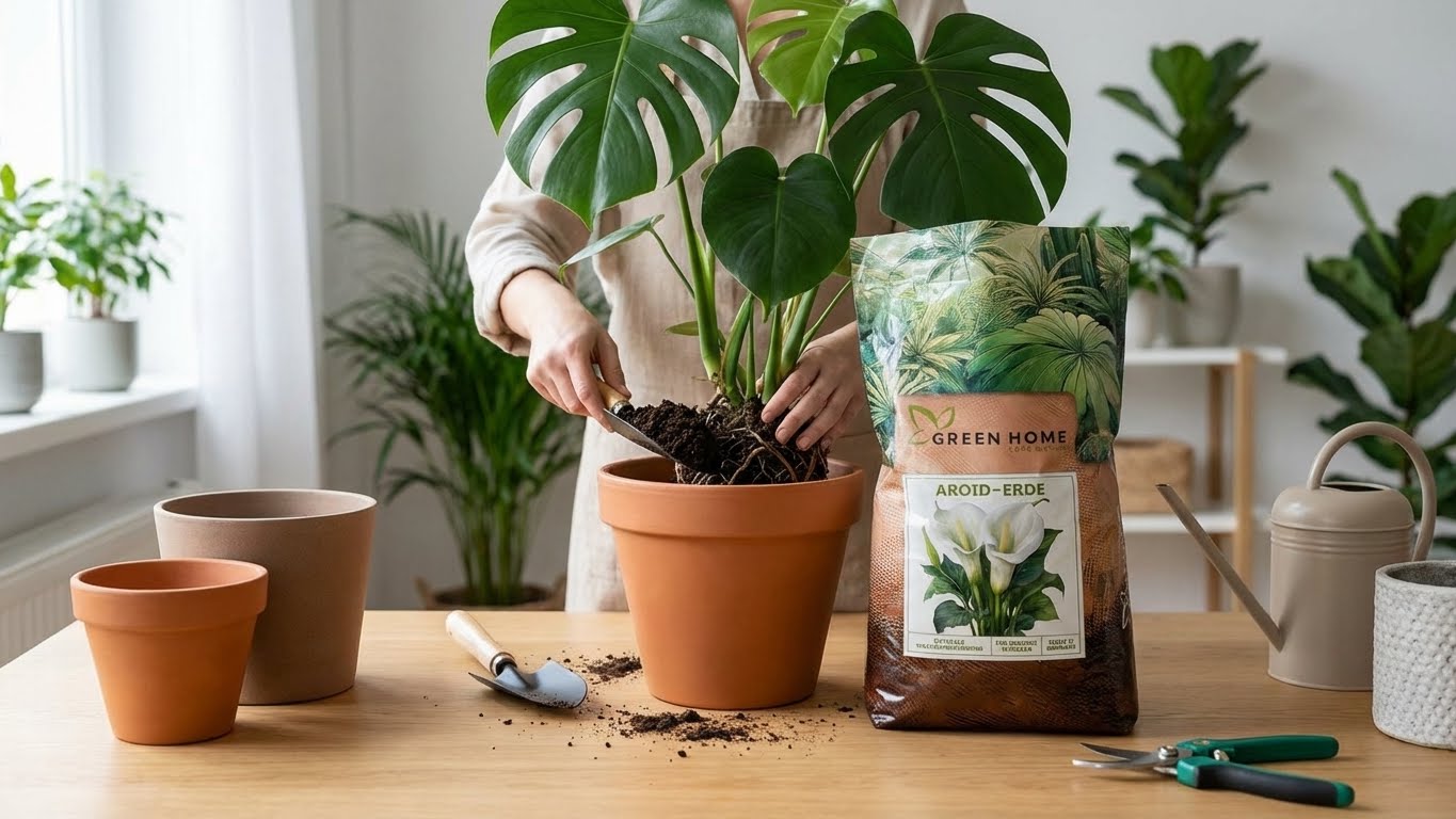 Green Home Aroid-Erde steht neben einer Monstera, die in einen Terrakottatopf umgetopft wird, während Erde und Gartenzubehör auf dem Tisch liegen.