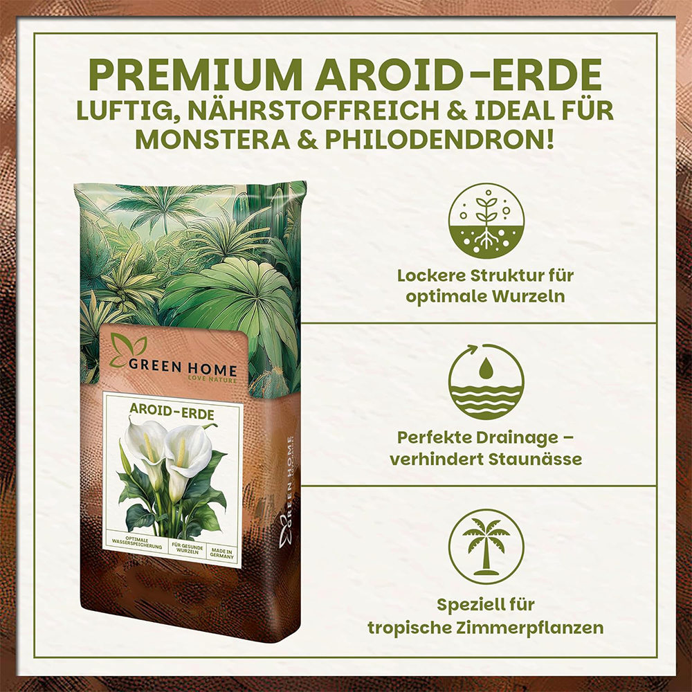 Infografik zur Green Home Aroid Erde mit Darstellung der luftigen Struktur, optimalen Drainage und Eignung für Monstera und Philodendron