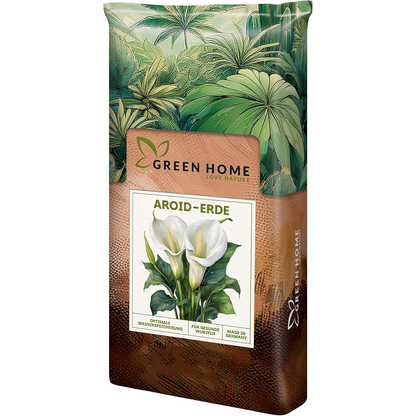 Green Home Aroid Erde in aufrechter Verpackung mit Pflanzenmotiv und Aufschrift Aroid-Erde