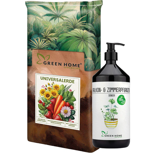 Green Home Balkonpflanzen Bundle mit Universalerde und Bio-Dünger für Balkon-, Kübel- und Zimmerpflanzen
