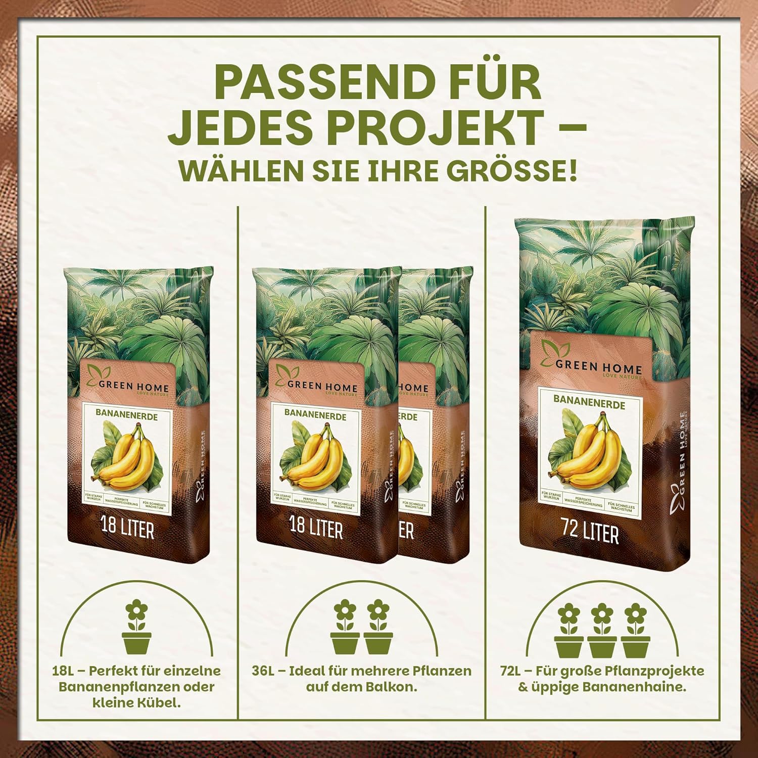 Übersicht der verfügbaren Größen der Green Home Bananenerde mit 18 Liter, 36 Liter und 72 Liter Säcken und passender Einsatzempfehlung.