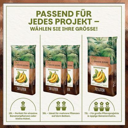 Übersicht der verfügbaren Größen der Green Home Bananenerde mit 18 Liter, 36 Liter und 72 Liter Säcken und passender Einsatzempfehlung.